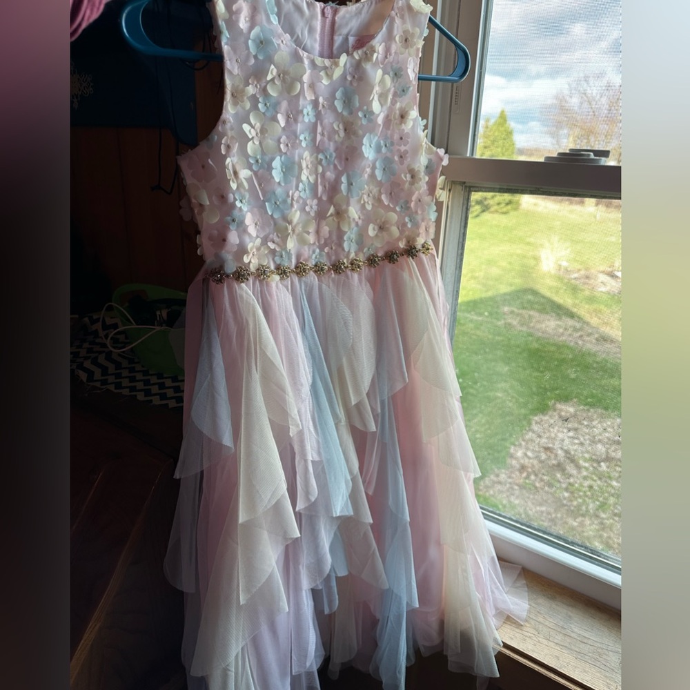 Sleeveless Pastel Floral Appliqué Tulle Dress for Girls